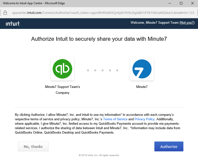 Authorize Minute7 to sync with your QuickBooks Online Edition account