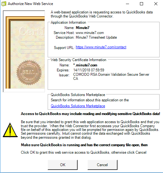 Allow QuickBooks Web Connector to work with Minute7
