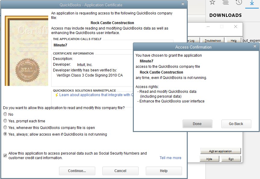 Set permissions for Minute7 within QuickBooks